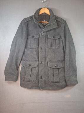 Express Jacket Mens S Charcoal Grey Military Pea Coat Wool Blend Multi-Pocket
